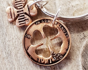 1970 54th Birthday Lucky Penny Four Leaf Clover Keychain 54th Anniversary St Patricks Day Irish Gift Coin Jewelry made from a 1970 Penny