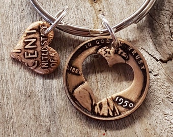 75th Birthday 1950 Penny Heart Key Chain 75th Birthday Gift Valentine&#39;s Day Coin Jewelry made from a 1950 Penny