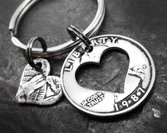 Valentine's Day Gift February Birthday Personalized Quarter Heart Keychain Love and Friendship Anniversary Gift for Him or Her Coin Jewelry