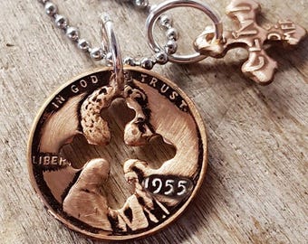 70th Birthday 1955 Penny Cross Necklace 70th Anniversary 70th Birthday Gift Cross Coin Jewelry made from a 1955 Penny Gift for Woman