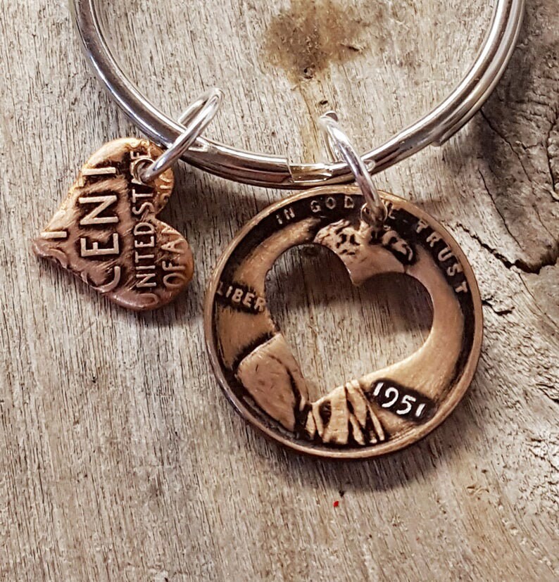 74th Birthday 1951 Penny Heart Key Chain 74th Birthday Gift 74th Anniversary Coin Jewelry made from a 1951 Penny