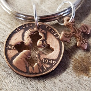 76th Birthday 1949 Penny Cross Key Chain 76th Birthday Gift Cross Coin Jewelry made from a 1949 Penny Gift for Her or Him