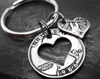 40th Birthday 1986 Heart Keychain 40th Birthday Gift 40th Anniversary Coin Jewelry made from a 1986 U.S. Quarter Gift for Him or Her