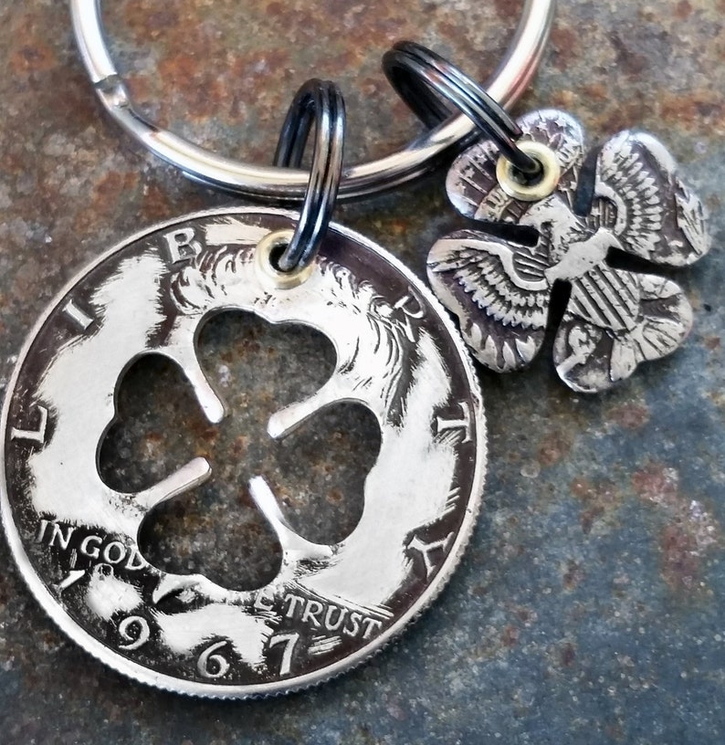 54th Birthday 1967 Silver Four Leaf Clover Keychain 54th Anniversary St Patrick/'s Day Gift Coin Jewelry made from a 1967 Kennedy Half Dollar