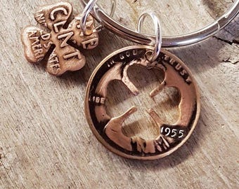 70th Birthday Gift 1955 Lucky Penny Four Leaf Clover Key Chain St Patricks Day Gift Irish Coin Jewelry made from a 1955 Penny