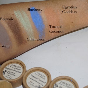 May include: Swatches of eyeshadow on a person's arm. The colors are: Gray Wolf, Brownie, Chameleon, Blueberry, Toasted Coconut, and Egyptian Goddess. The eyeshadow is in small containers labeled "Foraged Fields".