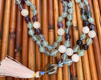Fluorite and Rose Quartz Mala Prayer Beads, for chanting and praying. Spiritual Gifts, Get Well Gifts
