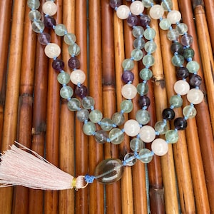 Fluorite and Rose Quartz Mala Prayer Beads, for chanting and praying. Spiritual Gifts, Get Well Gifts