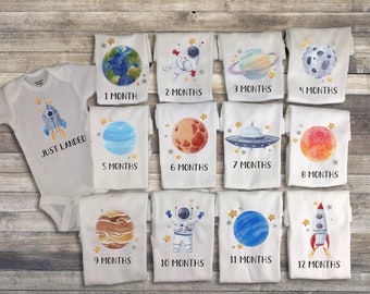 Milestone Onesies, Outer Space Onesie, Monthly Onesies, 12 month milestone shirts, first year monthly photo, cute baby Onesie set