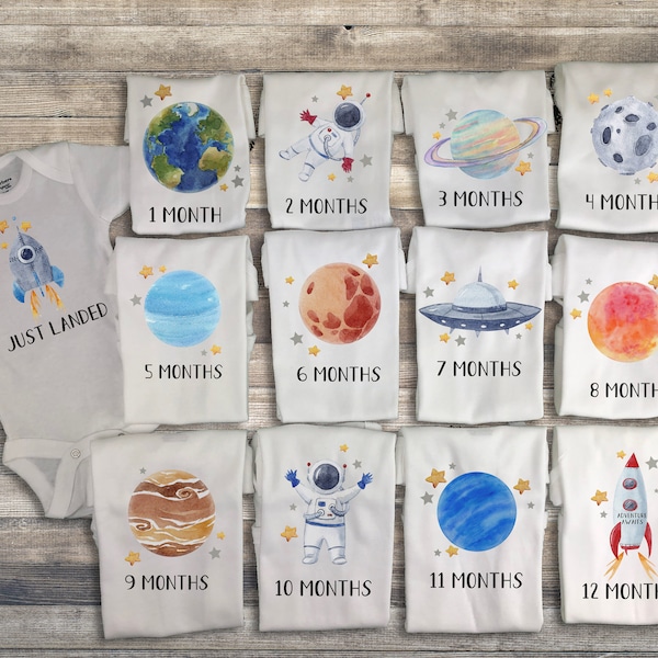 Milestone Onesies, Outer Space Onesie, Monthly Onesies, 12 month milestone shirts, first year monthly photo, cute baby Onesie set