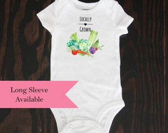 Locally Grown Baby bodysuit watercolor vegetables welcome newborn going home outfit, shower gift funny local produce, cute baby clothes