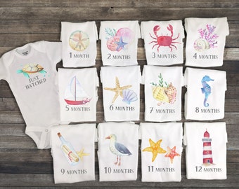 Milestone Onesies, Nautical Ocean Set, Monthly Onesies, 12 month milestone shirts, first year beach monthly photo, cute baby Onesie set