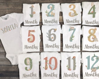 Monthly Onesies, Milestone Onesies, 12 month milestone shirts, Digital Baby Name Print, Newborn photo outfit