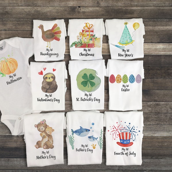 Holiday bodysuit set holiday bundle of 8 My first shirts great unique baby shower gift gender neutral baby gift you pick 8