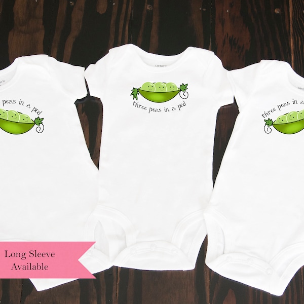 Three Peas in a Pod triplet clothing baby bodysuits set of 3 great shower gift for triplets, multiples, siblings sweet pea shirts