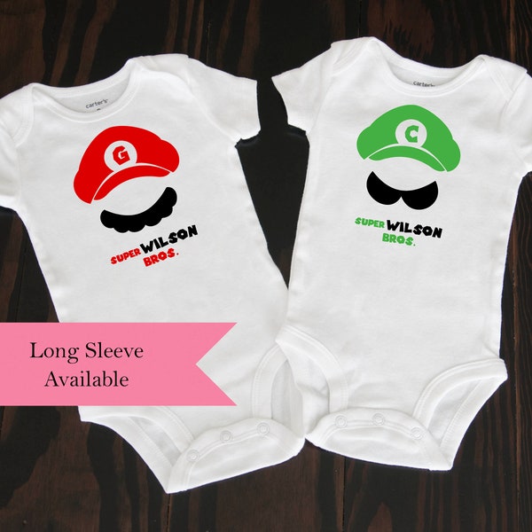 Twin Super Mario hats brother's last names first initial set of 2 Mario & Luigi name customized Halloween group costume unique shower gift