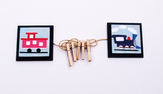 Train Blue And Caboose Red Artwork Display Hanger Etsy