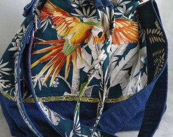 Tropical pattern fabric bucket bag, parrot pattern bag, shoulder bag, bucket bag, women's bag, beach bag