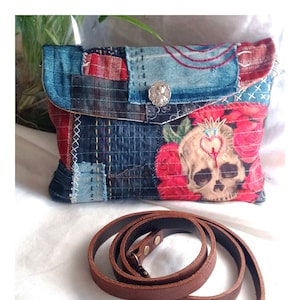 Men&#39;s shoulder bag, boro style clutch, recycled fabric handbag, hand embroidered bag, gothic women&#39;s bag, skull bag