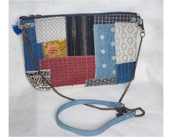 Sac à bandoulière, sac à main en tissu recyclé, pochette patchwork style boro japonais,  sac à main style bohème, pochette à bandoulière