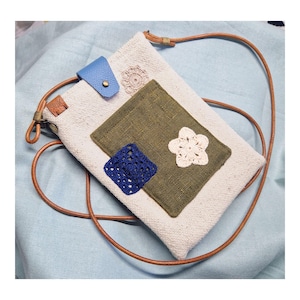 Leather cord crossbody phone pouch, Linen fabric phone case, Small smartphone bag, Crossbody wallet