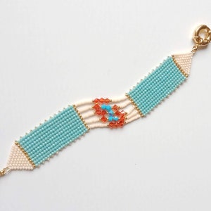 woven bracelet in turquoise pearls, orange bicone crystal and iridescent turquoise, bracelet for women, jewelry for women, woven jewelry image 2