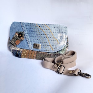 Sac à main pour femme, sac à bandoulière en cuir, sac à main en jean recyclé, patchwork de tissus différents brodé à la main