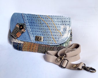 Women's handbag, leather shoulder bag, recycled denim handbag, hand-embroidered patchwork of different fabrics