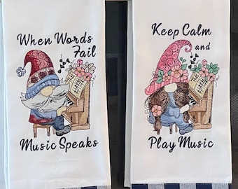 Gift for Piano Lover, Navy Plaid Bordered Kitchen Dish Towel, Machine Embroidered Gnomes