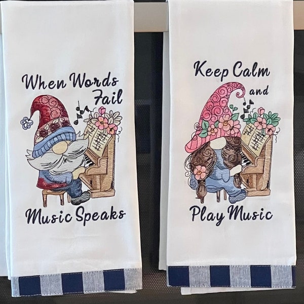 Gift for Piano Lover, Navy Plaid Bordered Kitchen Dish Towel, Machine Embroidered Gnomes