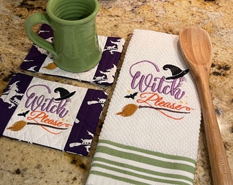 Halloween Towel and Mug Rug or Coaster Set, Witch, Please, Green and White kitchen towel, Fall Kitchen Decor!