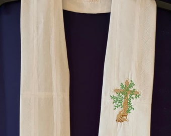 White Clergy Stole: Embroidered Tree of Life, Wedding Baptism Stole