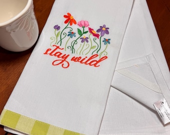 Green Plaid Bordered Kitchen Dish Towel, Stay Wild Wildflowers