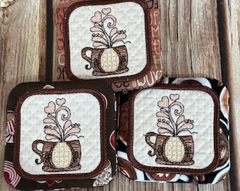 Embroidered Fabric Coaster or Mug Rug, Coffee Themed Fabric and Design
