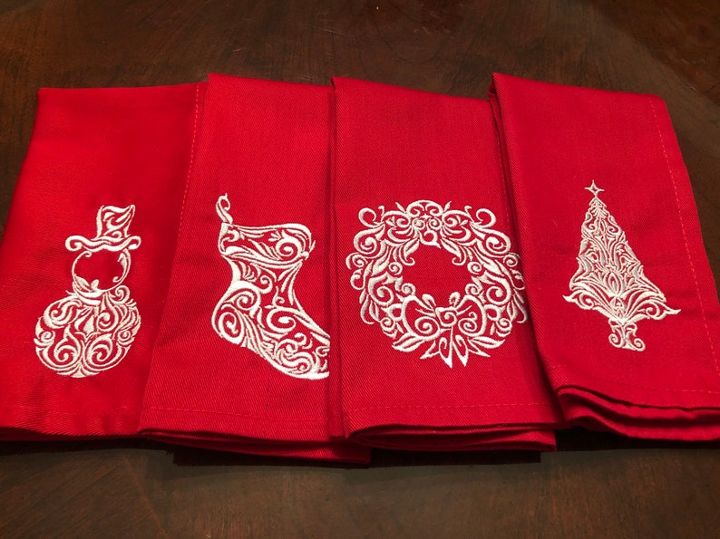 Red Christmas Holiday Napkins With Damask Embroidered Designs
