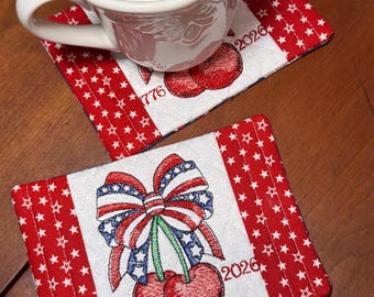 Patriotic Mug Rug or Coaster, Cherries, 1776-2026
