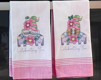 Embroidered Gnome Kitchen Towel: Pink & White Mother's Day Decor