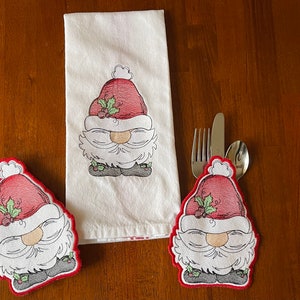 Christmas Santa Gnome Towel and Silverware Pouch Set, Santa Gnome, red and white Kitchen Towel