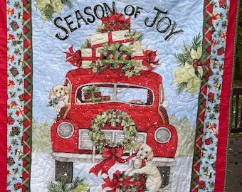 Christmas Holiday Quilt, Season of Joy, Vintage Red Truck, Golden Retriever Puppy