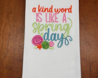 Springtime Teal Bordered Kitchen Dish Towel, A Kind Word is like a Spring Day