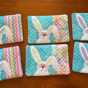 Easter Bunny Coasters or Mug Rugs, Teal, Purple and Pink Spring Colors, Three Pair of Coordinating Mug Rugs for Spring