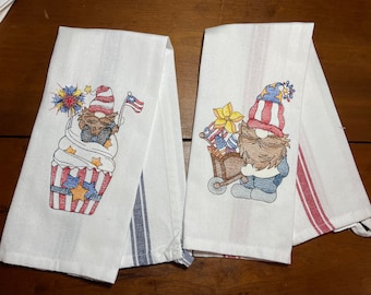 Embroidered Patriotic Gnome Kitchen Towel Set: Red, White, and Blue