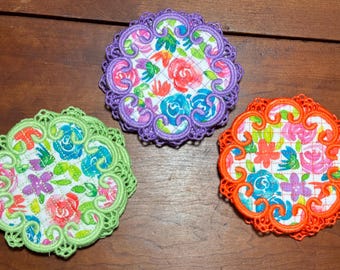 Embroidered Fabric Coaster, Cork Backing, Spring Time Flowers
