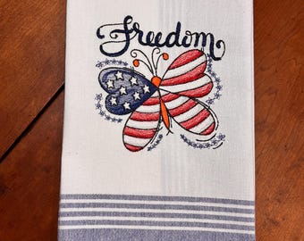 Embroidered Patriotic Kitchen Towel – Freedom, Red, White and Blue Butterfly