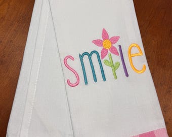 Pink Plaid Bordered Kitchen Dish Towel, SMILE