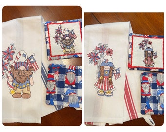 Embroidered Patriotic Gnome Kitchen Towel & Coaster Set