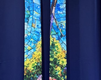 Clergy Stole: Stained Glass, Tree,  Vibrant Flowers
