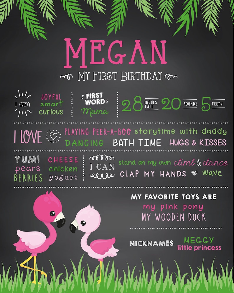 Girl First Birthday Pink Flamingo Theme First Birthday Chalkboard Sign Milestone Board 1st Birthday Printable Poster Cake Smash Props