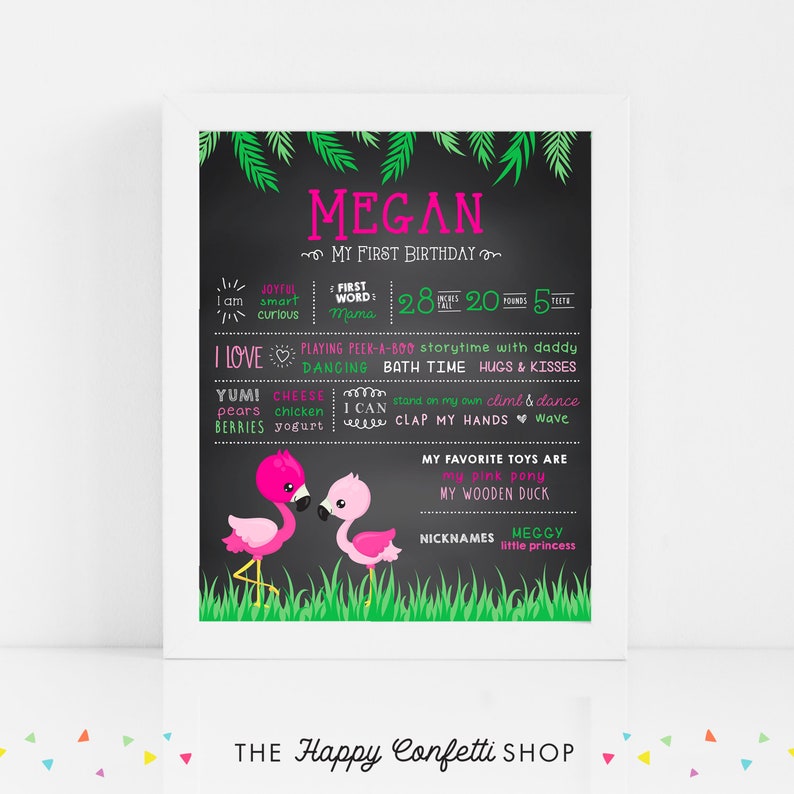 Girl First Birthday Pink Flamingo Theme First Birthday Chalkboard Sign Milestone Board 1st Birthday Printable Poster Cake Smash Props