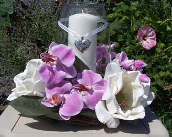 Personalized wedding candle ring with silver heart and purple orchids